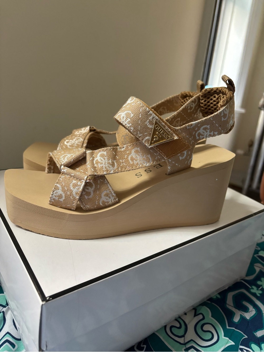 GUESS Beige Logo Platform Wedge Sandals